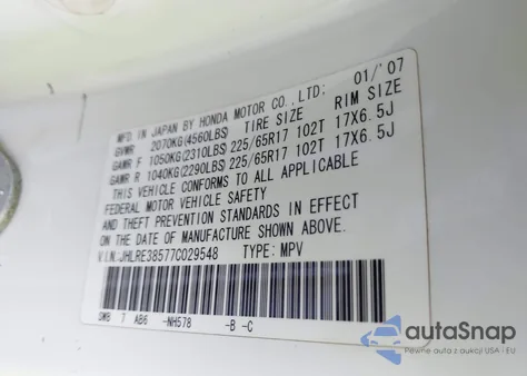 2007 Honda Cr-V Ex from USA, damaged, VIN JHLRE38577C029548